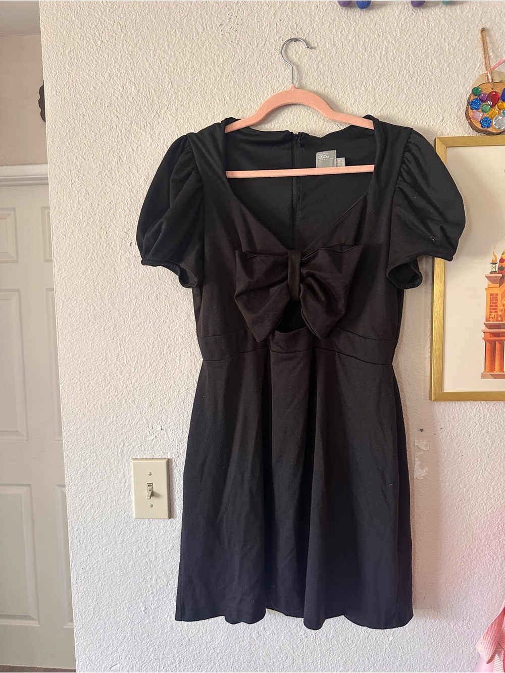 ASOS Black Mini Dress with Front Bow and Puff Sleeves 12